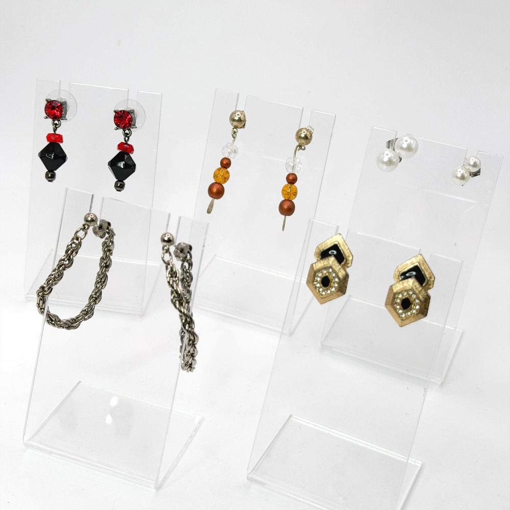 Vintage Costume Earring Lot 5 Pairs Pearl Studs Geometric Enamel Rope Chain Hoop